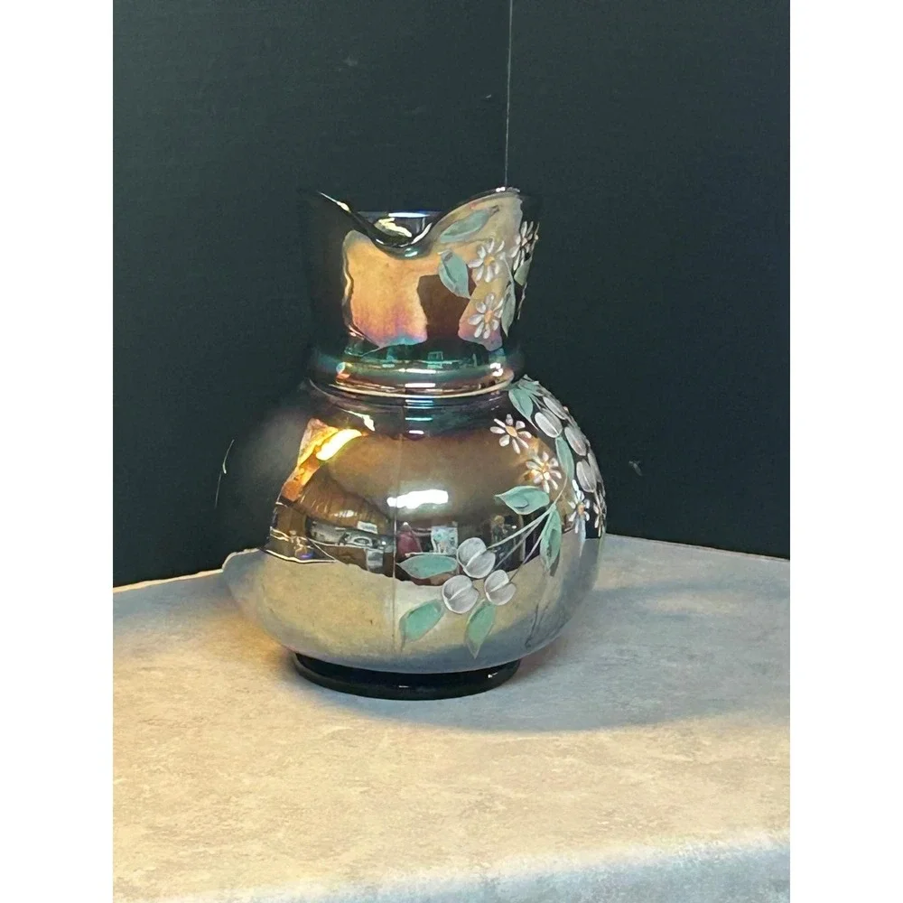 Northwood Cobalt Blue Iridescent Carnival Glass Enameled Cherries Pitcher 10